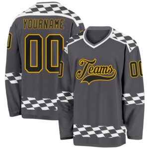 Custom Steel Gray Black Gold-White 3D Pattern Plaid Hockey Jersey