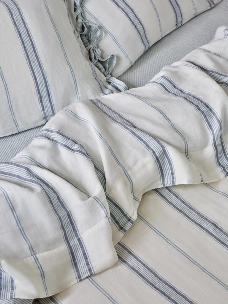Dusk Blue Striped Linen Flat Sheet