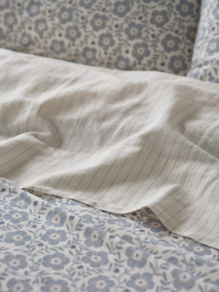 Dusk Blue Striped Linen Blend Flat Sheet