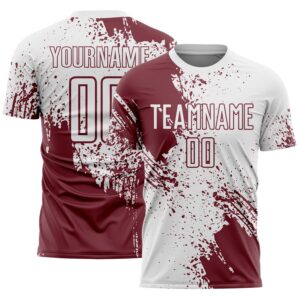 Custom White Burgundy Abstract Brush Stroke Sports Sublimation Soccer Uniform Jersey