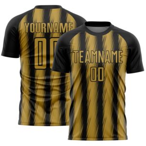 Custom Black Old Gold Vertical Brush Stroke Stripes Sublimation Soccer Uniform Jersey